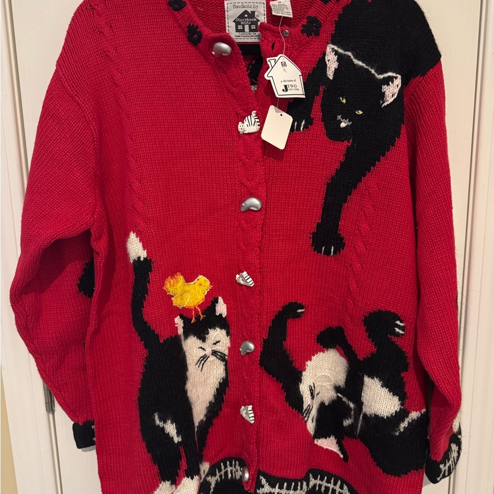 Storybook Knits Red Cardigan Sweater with Black and White Cat Motif